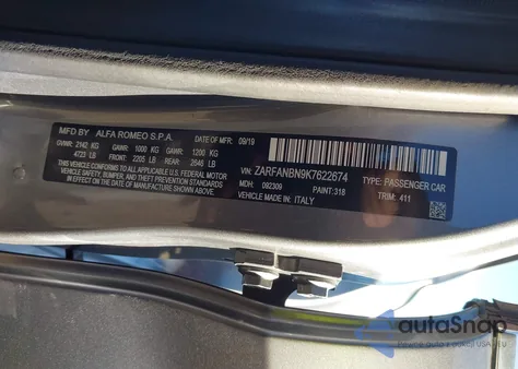 2019 Alfa Romeo Giulia Ti Awd z USA, uszkodzony, nr VIN ZARFANBN9K7622674